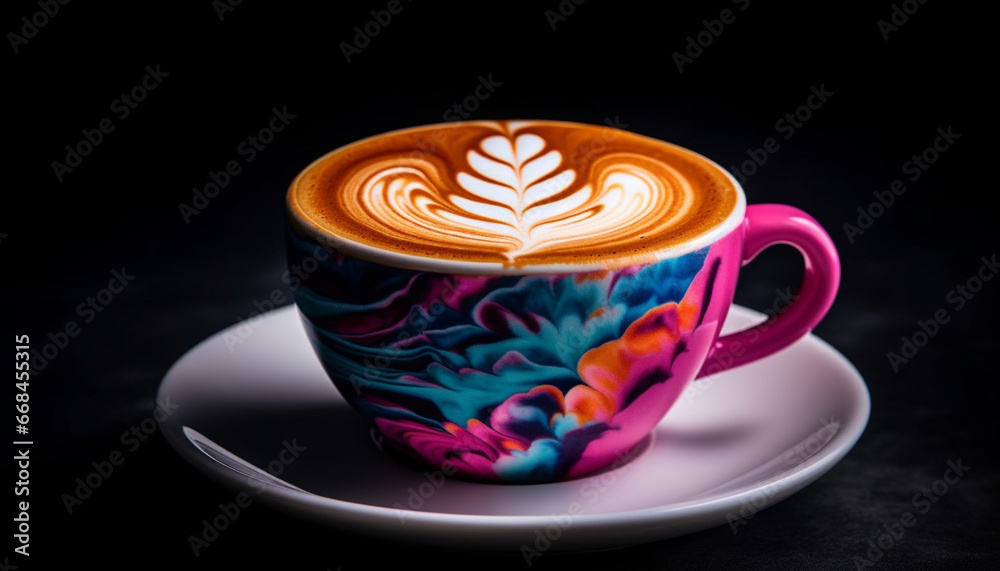 Frothy cappuccino in heart shape on black background, gourmet elegance generated by AI Frothy cappuccino in heart shape on black background, gourmet elegance generated by AI