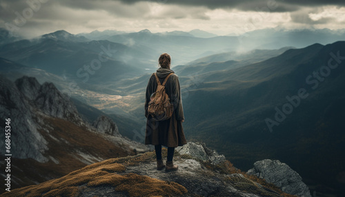 One person hiking mountain peak, backpacker standing on extreme terrain generated by AI © Stockgiu