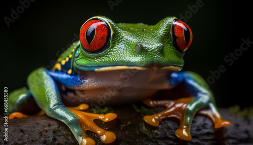 A cute red eyed tree frog sitting on a wet branch generated by AI