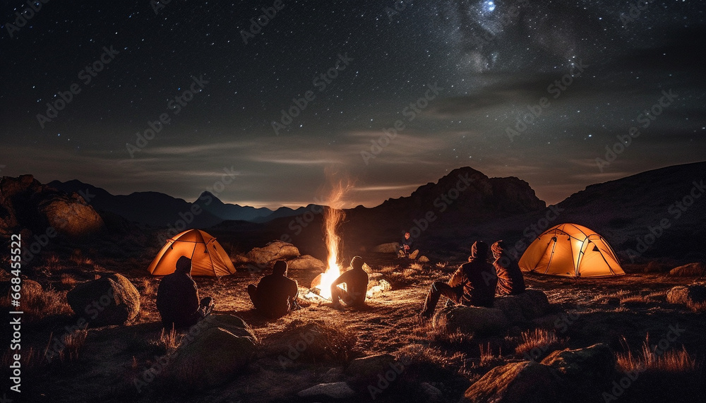 Camping under the Milky Way, hiking mountain peaks, relaxation by campfire generated by AI