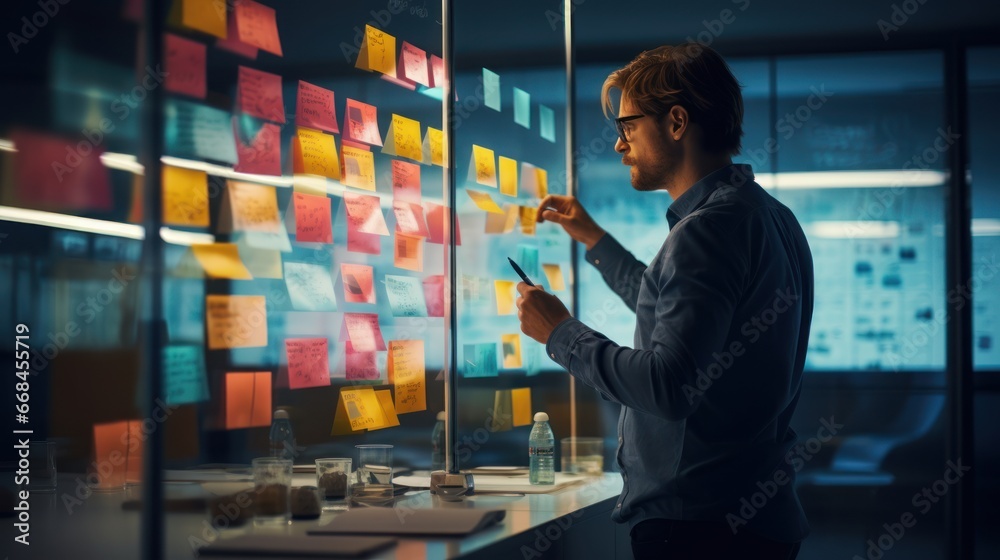 Businessman planning and strategy brainstorming working with post its on glass wall.