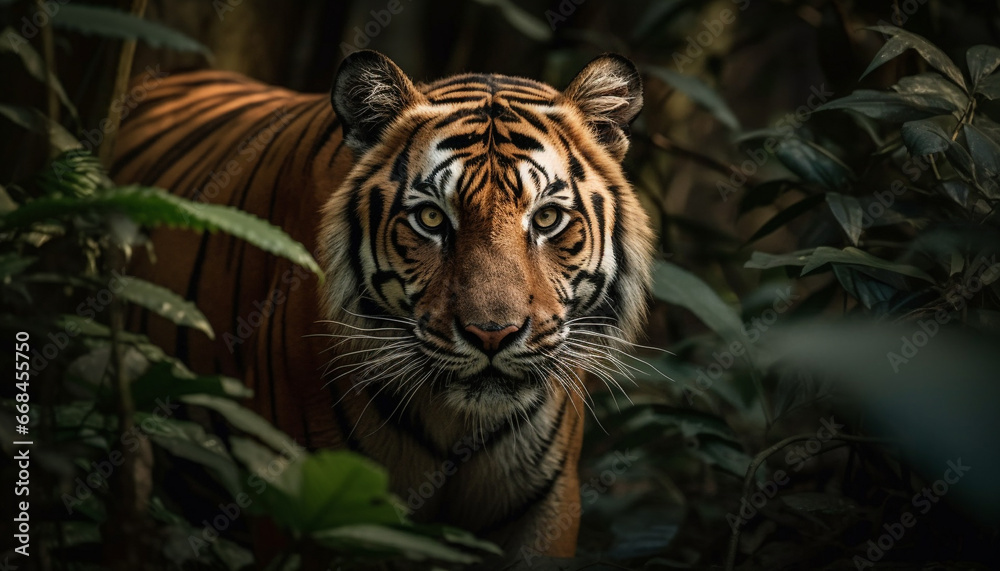 Fototapeta premium Majestic Bengal tiger staring with aggression in tropical rainforest generated by AI