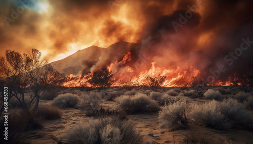 Mountain range ablaze, smoke fills sky, environmental damage evident generated by AI