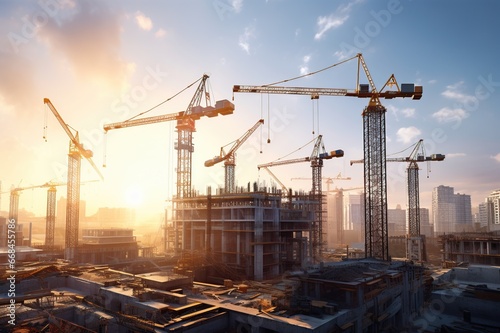 Construction site and sunset. View of a large construction site with buildings under construction. Crane and construction site building against blue sky. Generative AI