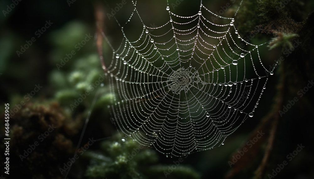 Spooky spider spins wet web in autumn forest, trapping insect generated by AI Spooky spider spins wet web in autumn forest, trapping insect generated by AI