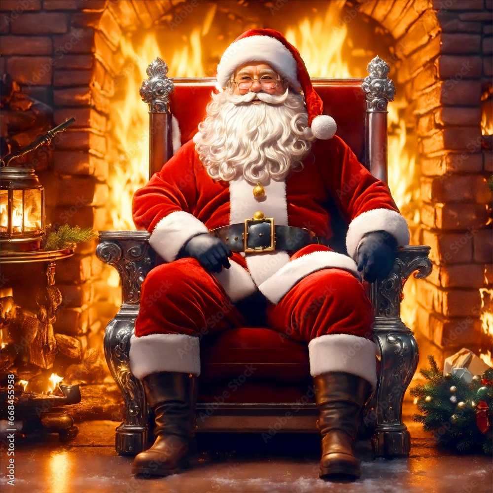 Santa Claus in armour sits near the fireplace in a beautiful interior in the spirit of Christmas Santa Claus in armour sits near the fireplace in a beautiful interior in the spirit of Christmas