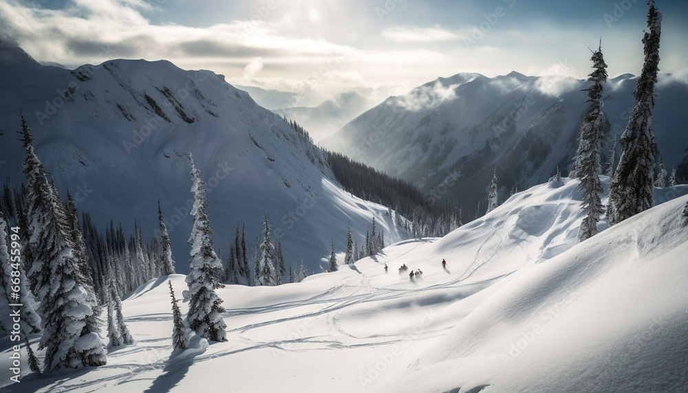 Tranquil winter landscape mountain range, forest, and ski slope adventure generated by AI