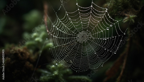 Spooky spider spins wet web in autumn forest, trapping insect generated by AI