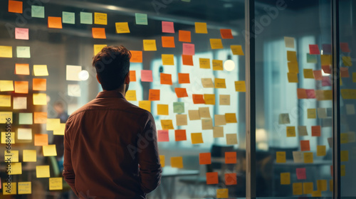 Businessman planning and strategy brainstorming working with post its on glass wall.