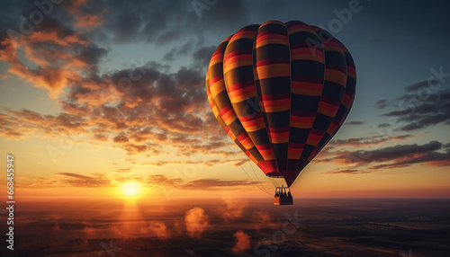 Multi colored hot air balloon flying high up in the sky generated by AI © Stockgiu