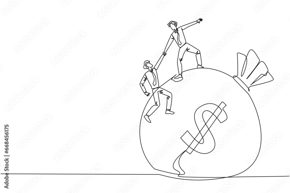 Single continuous line drawing businessman helps colleague to climb the money bag. Collaborate to gain mutual benefits. Stronger together. Great teamwork. Cohesive. One line design vector illustration Single continuous line drawing businessman helps colleague to climb the money bag. Collaborate to gain mutual benefits. Stronger together. Great teamwork. Cohesive. One line design vector illustration