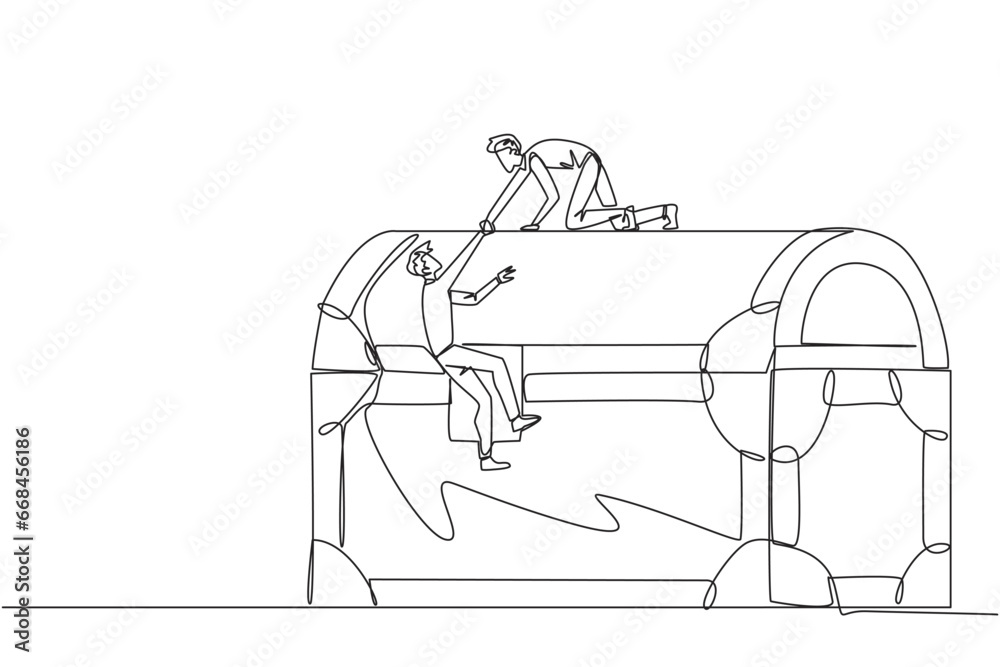Continuous one line drawing businessman helps colleague climb a large treasure chest. Get extraordinary profits. Share equally. Stronger together. Reward. Single line draw design vector illustration