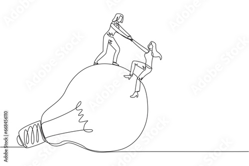 Single continuous line drawing businesswoman helps colleague climb the big lightbulb. Metaphors related to ideas. Brainstorm to achieve the best brilliant ideas. One line design vector illustration