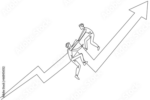 Continuous one line drawing businessman helps colleague to climb the rising arrow symbol. Help each other to achieve satisfactory targets. Grow together. Single line draw design vector illustration