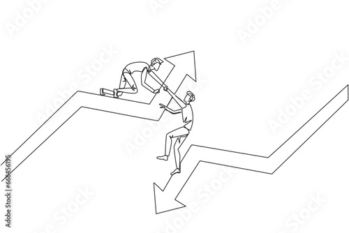 Single continuous line drawing businessman helps colleague climb arrow symbol. Teamwork to raise a better level together. Best partner ever. Maintain cohesiveness. One line design vector illustration photo