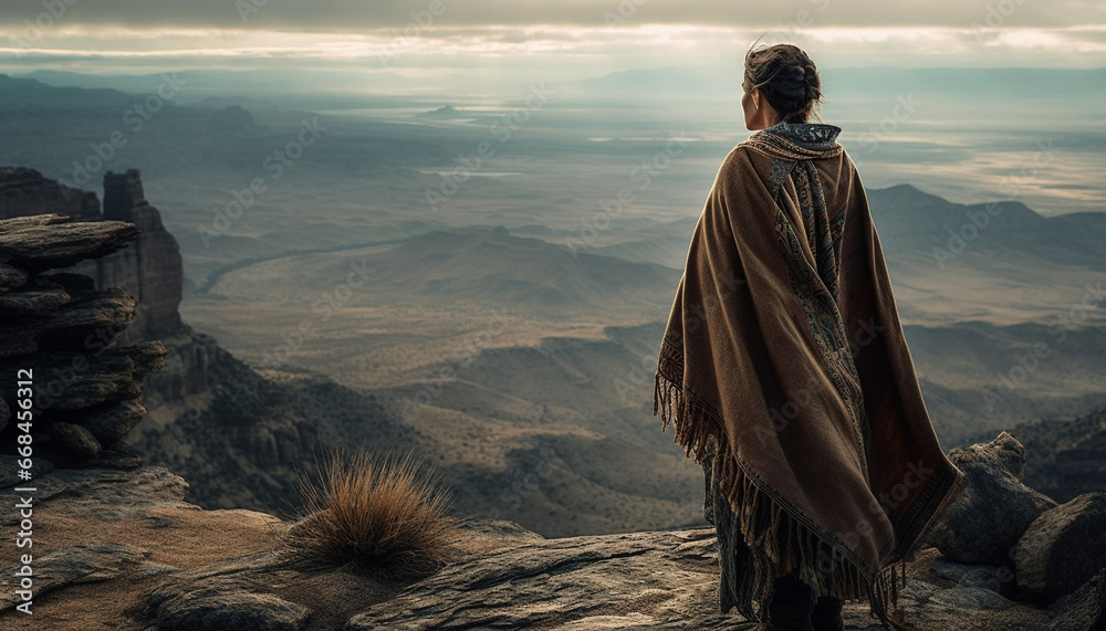 One person standing on a mountain peak, achieving success generated by AI One person standing on a mountain peak, achieving success generated by AI