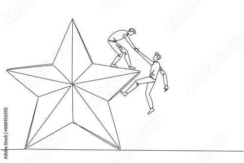 Fotografie, Tablou Single one line drawing businessman helps colleague climb big star