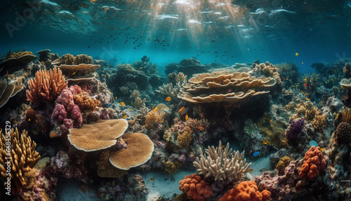 Colorful sea life thrives in the idyllic underwater reef landscape generated by AI
