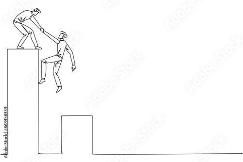 Continuous one line drawing businessman helps colleague climb bar graph. Helping to climb to higher ground. Move forward and success together. Teamwork. Single line draw design vector illustration