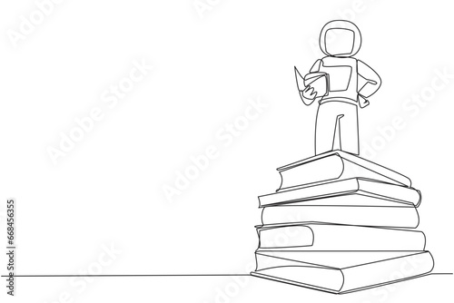 Continuous one line drawing astronaut standing on a pile of books reading the fiction story book. Intrigued by book series. Read anywhere to finish reading. Single line draw design vector illustration