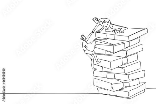 Single continuous line drawing businessman helps colleague climb large pile of banknotes. Contagious success. Share tips for success. Teamwork bonus. Cohesiveness. One line design vector illustration