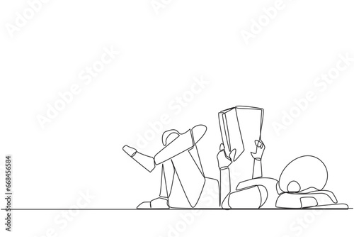 Single continuous line drawing robot lying on back reading book. Reading favorite comic. Big fan of fiction books. Enjoy the storyline. Reading increase insight. One line design vector illustration