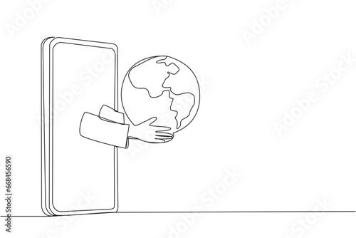 Single continuous line drawing the hand comes out from the middle of the smartphone holding the globe. Map the area to finds shipping prices. Online stuff shopping. One line design vector illustration