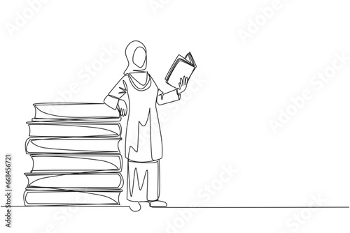 Continuous one line drawing Arabian woman standing reading book while leaning against a pile of large books. Hobby of reading anywhere. Very happy when reading. Single line design vector illustration