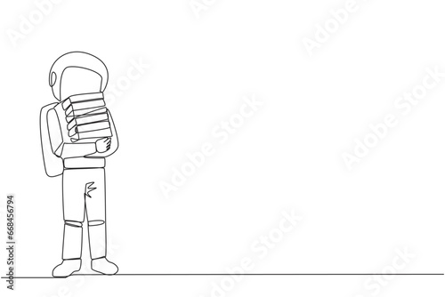 Single one line drawing astronaut standing hug some books. Favorite book that finish reading. Some books will be donated to national library. Charity. Knowledge. Continuous line graphic illustration