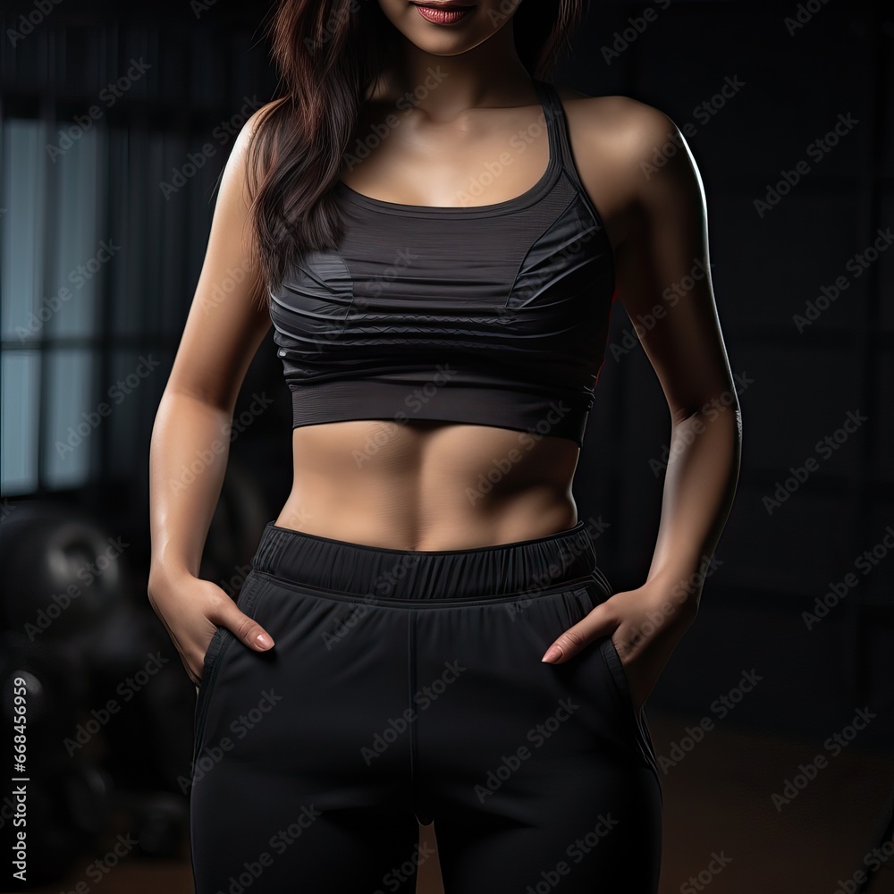 Cropped shot of sportive woman in sportswear having workout at industrial gym. Healthy lifestyle, body goals concept Cropped shot of sportive woman in sportswear having workout at industrial gym. Healthy lifestyle, body goals concept