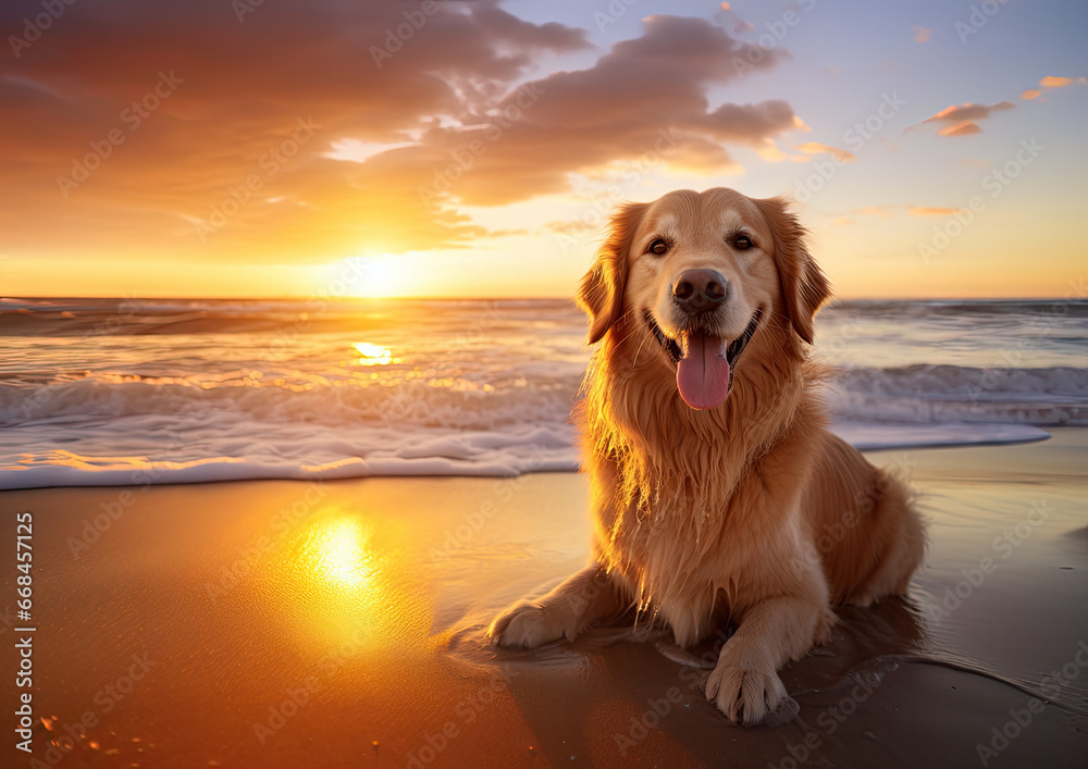 golden retriever dog on the beach at sunset golden retriever dog on the beach at sunset