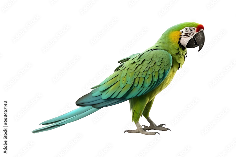 side view full body of green macaw bird standing isolated on a transparent background. Generative AI