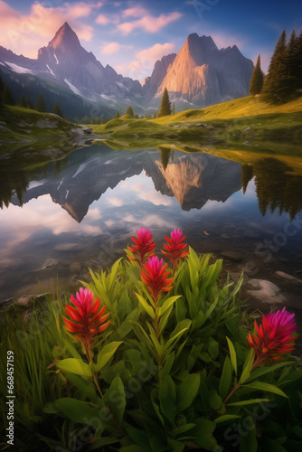 Rugged Mountain sits behind beautiful flowers photo