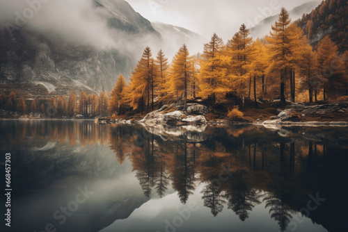 Discover serenity within nature's embrace: a tranquil mountain lake surrounded by lush trees—an idyllic sanctuary.  Created with generative AI tools.  © Ivan cardona