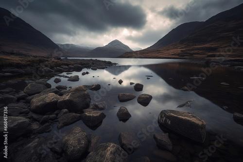 Find tranquility in nature's embrace: a vast mountain lake set beneath the serene expanse of cloudy skies Created using generative AI tools