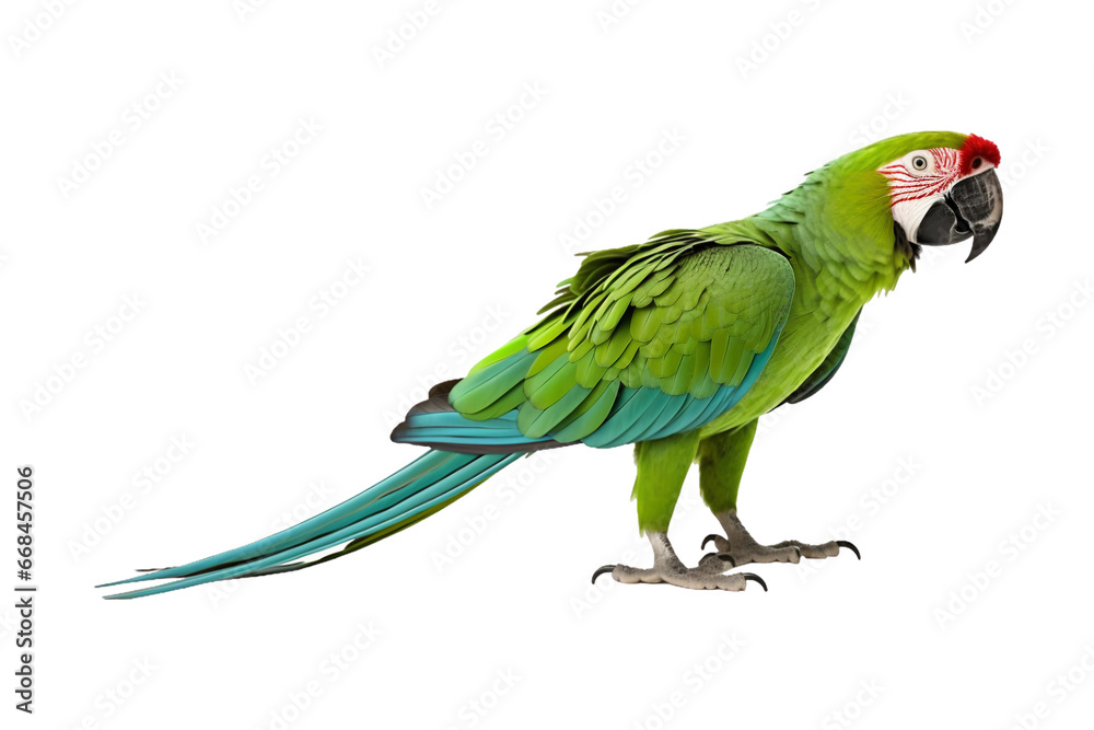 side view full body of green macaw bird standing isolated on a transparent background. Generative AI
