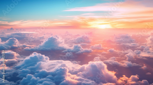 A panoramic view above the sea of blue sky and clouds, offering an expansive and serene aerial perspective Created with generative AI tools.