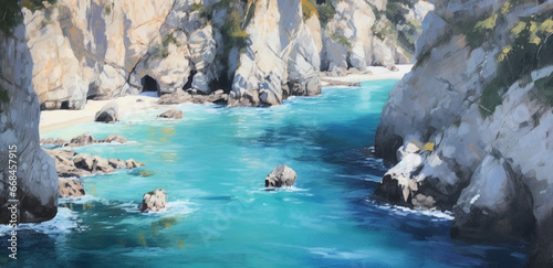 An artistic portrayal of cliffs overlooking a tranquil beach with a serene blue sky, capturing the coastal beauty in a unique style Created with generative AI tools.