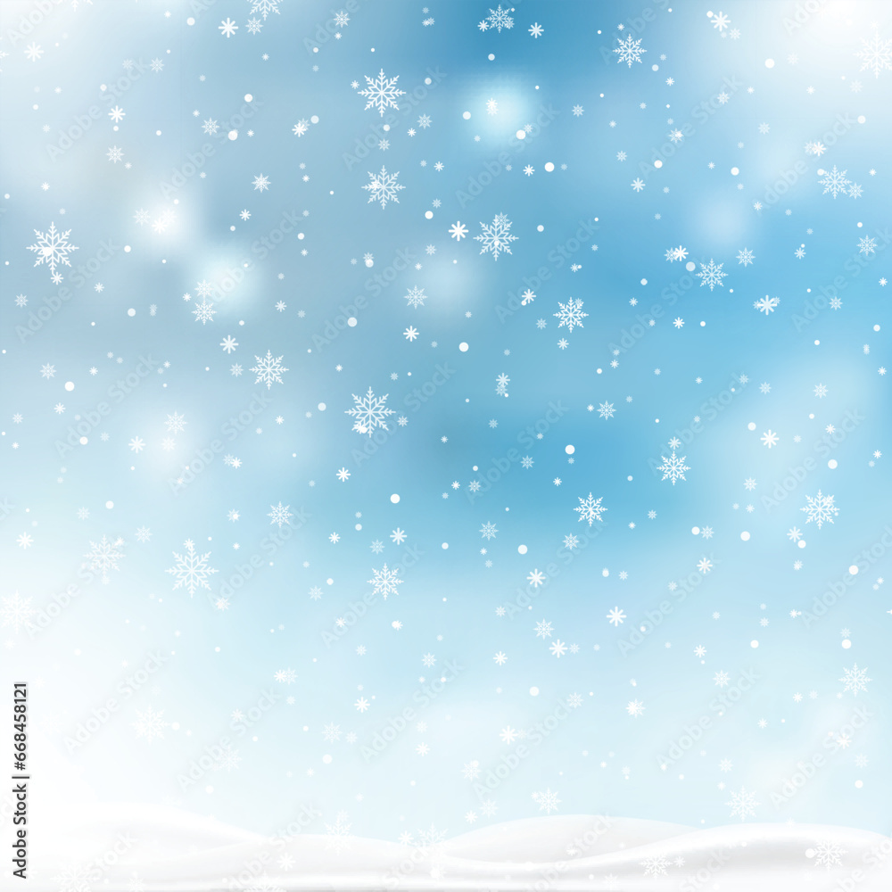 Christmas, Snowy background with falling snow, snowflakes, snowdrift for winter and new year holidays. Vector