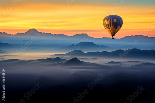 Embark on a mountain vista adventure with a hot air balloon, soaring above the clouds and taking in the breathtaking scenery Created with generative AI tools. © Ivan cardona
