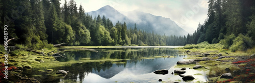 Immerse yourself in lakeside serenity with a gorgeous view of a mountain, tall trees, and a tranquil lake. Nature's beauty at its best Created with generative AI tools.