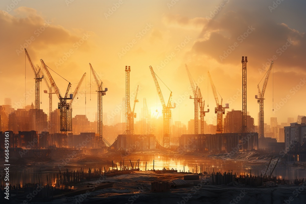 Obraz premium Construction site and sunset. View of a large construction site with buildings under construction. Crane and construction site building against blue sky. Generative AI