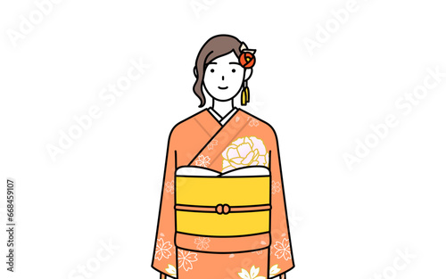 Hatsumode at New Year's and coming-of-age ceremonies, graduation ceremonies, weddings, etc, Woman in furisode with a smile facing forward