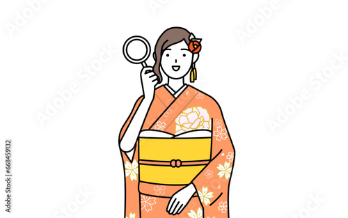 Hatsumode at New Year's and coming-of-age ceremonies, graduation ceremonies, weddings, etc, Woman in furisode looking through magnifying glasses