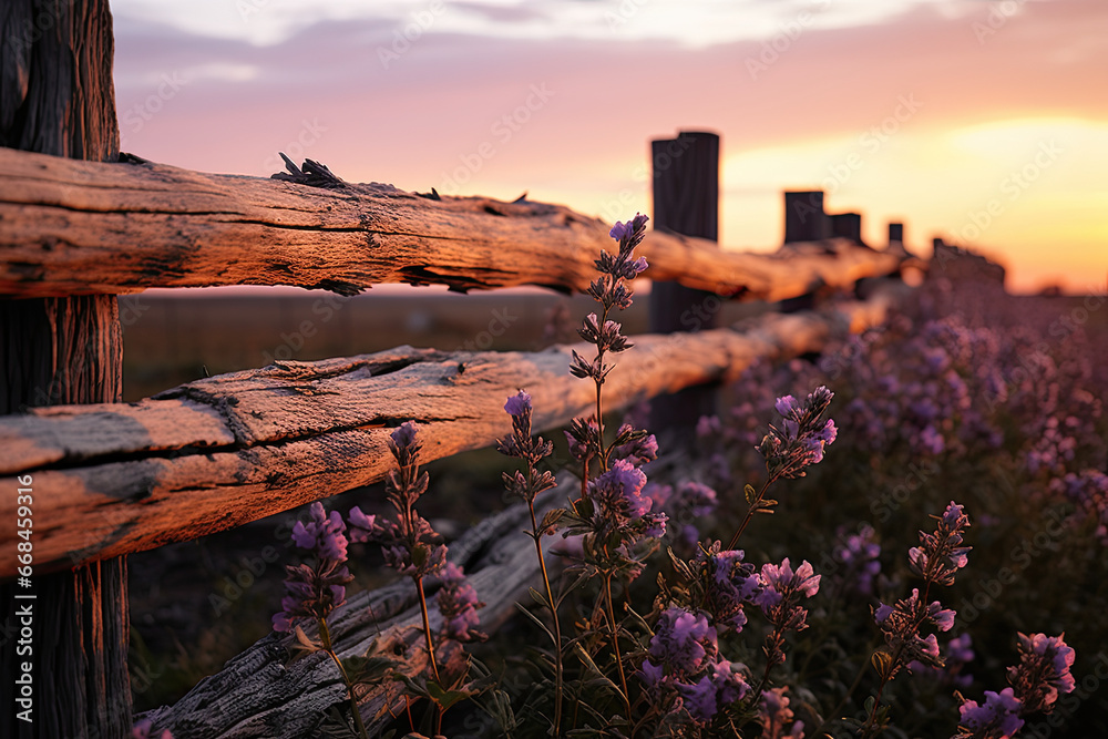 old wood fence a field at sunset