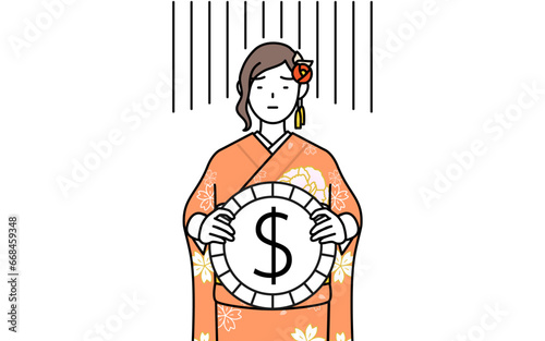 Hatsumode at New Year's and coming-of-age ceremonies, graduation ceremonies, weddings, etc, Woman in furisode an image of exchange loss or dollar depreciation