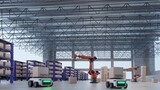 Truck delivery car Robot transports truck Box with AI interface Object for manufacturing industry technology Product export and import of future Robot cyber in the warehouse Arm mechanical  technology