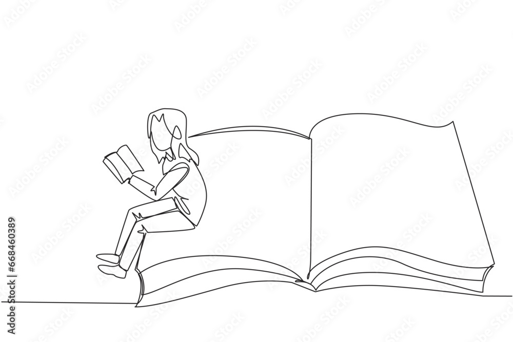 Single continuous line drawing serious woman sitting on the edge of a large open book. Study before exam time arrives. Read textbooks with focus. Reading is fun. One line design vector illustration Single continuous line drawing serious woman sitting on the edge of a large open book. Study before exam time arrives. Read textbooks with focus. Reading is fun. One line design vector illustration