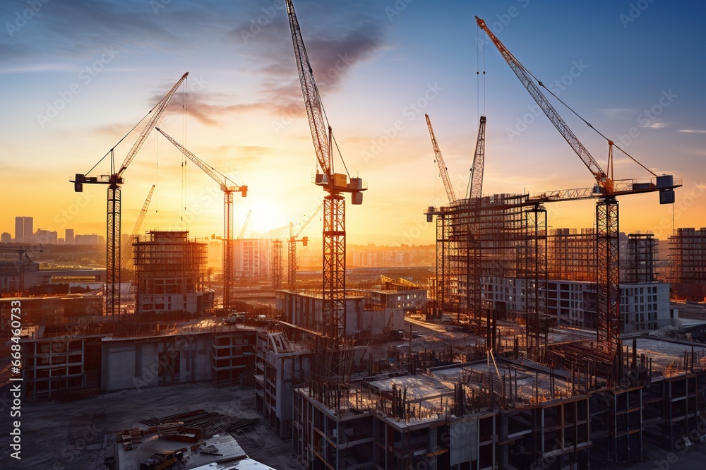 Construction site and sunset. View of a large construction site with buildings under construction. Crane and construction site building against blue sky. Generative AI - obrazy, fototapety, plakaty 