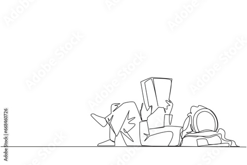 Single continuous line drawing Arab man lying on back reading book. Reading favorite comic. Big fan of fiction books. Enjoy the storyline. Reading increase insight. One line design vector illustration